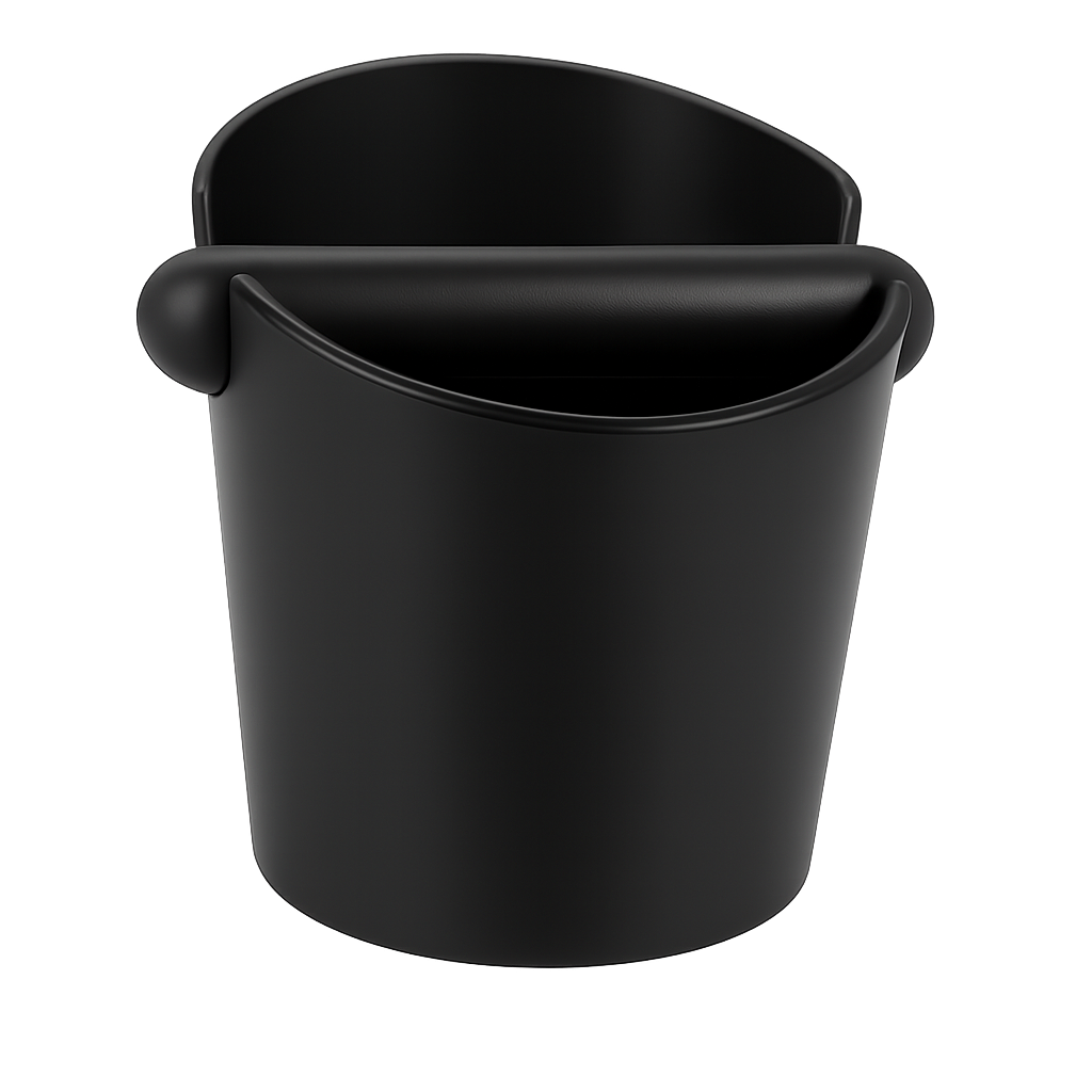 Small black espresso knock box with removable knock bar – compact coffee grounds bin for home espresso machines like DeLonghi Dedica