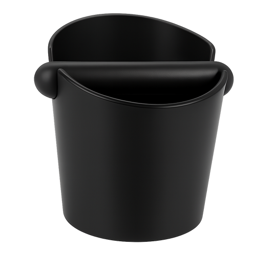 Small black espresso knock box with removable knock bar – compact coffee grounds bin for home espresso machines like DeLonghi Dedica