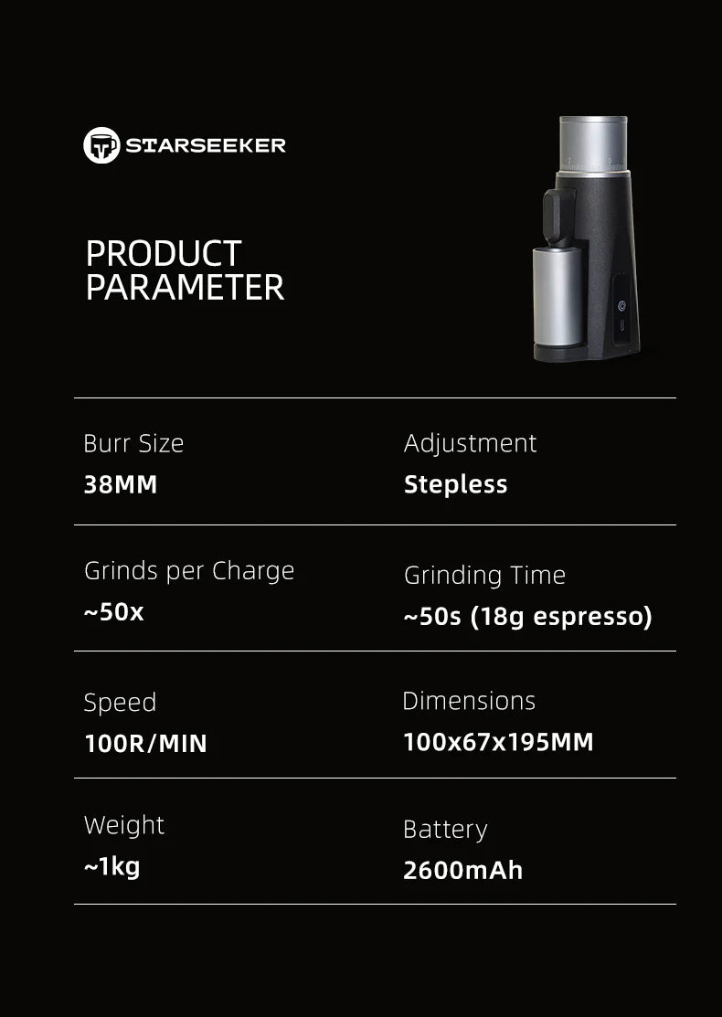 Starseeker EDGE Mini Portable Coffee Grinder - 38mm Conical Burrs, USB-C Fast Charge, 50 Grinds per Charge