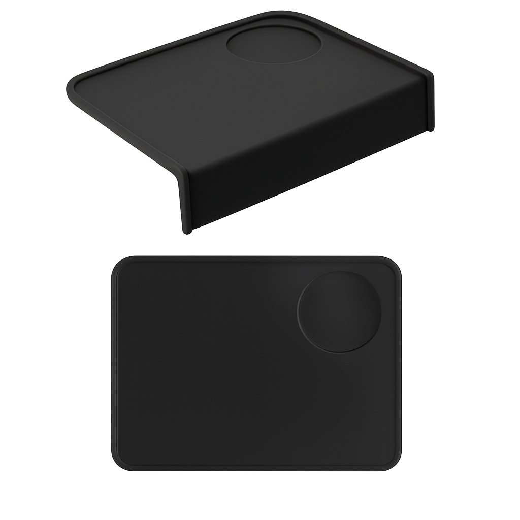 Black silicone espresso tamping mat set – flat pad and corner edge mat with recessed portafilter holder for secure tamping