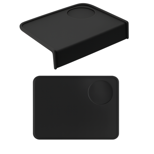 Black silicone espresso tamping mat set – flat pad and corner edge mat with recessed portafilter holder for secure tamping