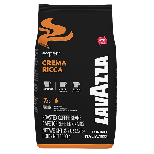 “Lavazza Crema Ricca Coffee Beans 1kg pack – Medium Roast, Intensity 7/10, Whole Bean Espresso Blend”
