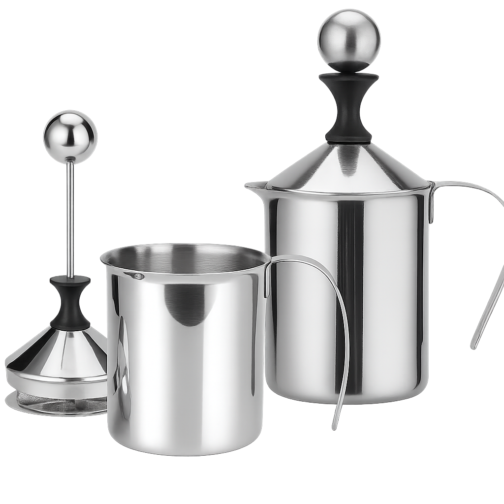 Stainless steel manual milk frother with double mesh filter and hand pump – perfect for cappuccinos, lattes, and hot chocolate
