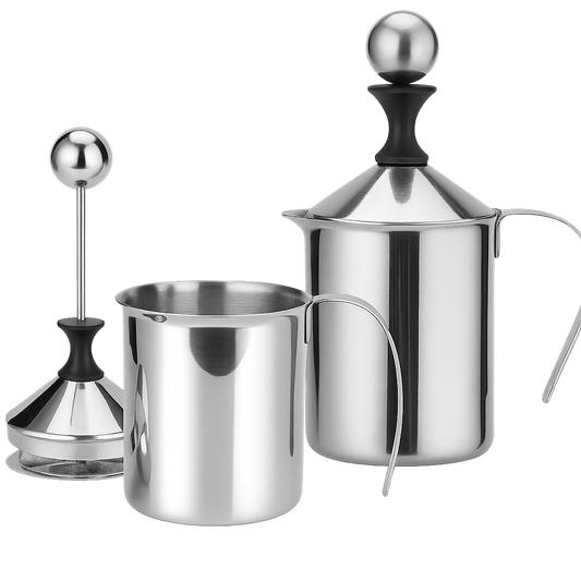 Stainless steel manual milk frother with double mesh filter and hand pump – perfect for cappuccinos, lattes, and hot chocolate